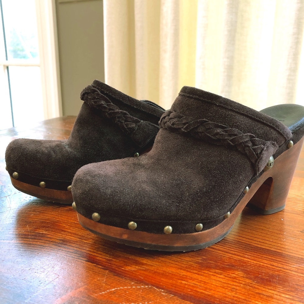 UGG Brown Suede platform heel clogs. Size 6